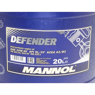 Motorl Motor l teilsynthetisch MANNOL Defender 10W-40 API SN 20 Liter