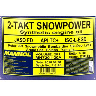 Engineoil Engine oil MANNOL 2-stroke Snowpower API TC+ 20 liters