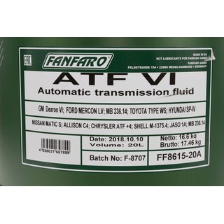 Gearoil Gear oil FANFARO Automatic ATF VI 20 liters