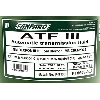 Getriebel Getriebe l FANFARO ATF III Automatik 20 Liter