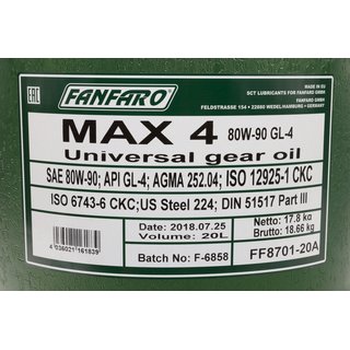 Gearoil Gear oil FANFARO MAX 4 80W-90 GL-4 API GL4 shift 20 liters