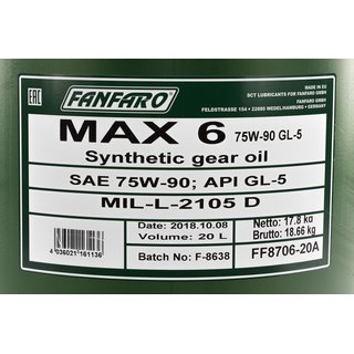 Gearoil Gear oil FANFARO MAX 6 75W-90 GL-5 20 liters incl. outlet tap