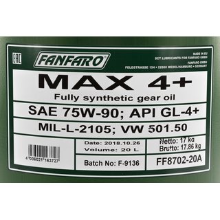 Getriebel Getriebe l FANFARO MAX 4+ 75W-90 GL-4+ Schaltung 20 Liter inkl. Auslasshahn