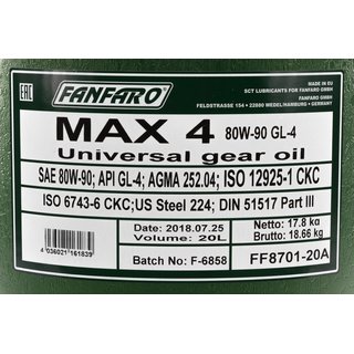 Gearoil Gear oil FANFARO MAX 4 80W-90 GL-4 API GL4 shift 20 liters incl. outlet tap