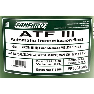 Getriebel Getriebe l FANFARO ATF III Automatik 20 Liter inkl. Auslasshahn