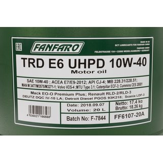 Engineoil Engine Oil FANFARO 10W-40 TRD E6 UHPD 20 liters incl. Outlet Tap