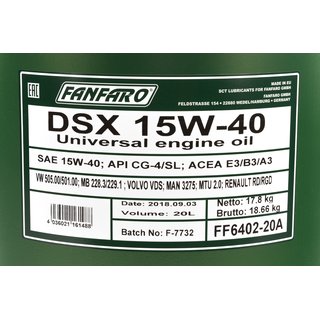 Engineoil Engine Oil FANFARO 15W-40 DSX API CH-4/SL 20 liters incl. Outlet Tap