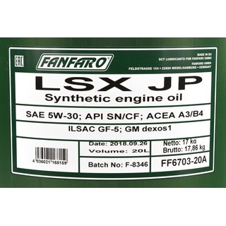 Engineoil Engine Oil FANFARO 5W-30 LSX JP API SN 20 liters incl. Outlet Tap