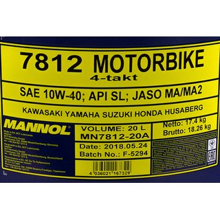 Motoröl Motorbike 4-Takt SAE 10W-40 MANNOL API SL 20 Liter inkl. Auslasshahn