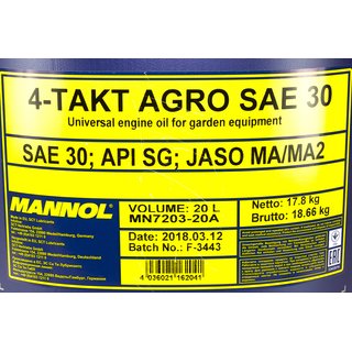 Motorl Motor l fr 4-Takt Traktoren Rasenmher Agro SAE 30 MANNOL API SG 20 Liter inkl. Auslasshahn