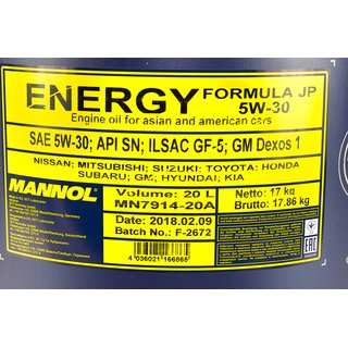 Motorl Motor l MANNOL 5W30 Energy Formula JP API SN 20 Liter inkl. Auslasshahn