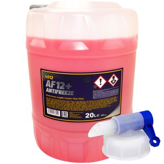 Khlerfrostschutz MANNOL Frostschutz Antifreeze AF12 G12 20 Liter Fertiggemisch -40C rot inkl. Auslasshahn