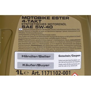 Engine Oil RAVENOL Motobike 4-T Ester SAE 5W-40 1 Liters