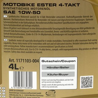 Engine Oil RAVENOL Motobike 4-T Ester SAE 10W-50 4 Liters