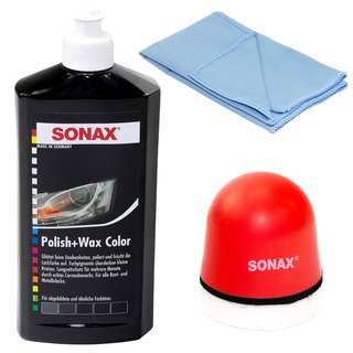 Politur Set Polish und Wax Wachs polieren Lack Color schwarz SONAX 500 ml + P-Ball Schwamm + Microfasertuch