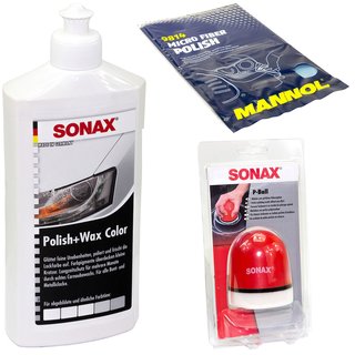 Politur Set Polish und Wax Wachs polieren Lack Color wei SONAX 500 ml + P-Ball Schwamm + Microfasertuch