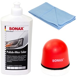 Politur Set Polish und Wax Wachs polieren Lack Color wei SONAX 500 ml + P-Ball Schwamm + Microfasertuch