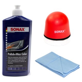 Politur Set Polish und Wax Wachs polieren Lack Color blau SONAX 500 ml + P-Ball Schwamm + Microfasertuch