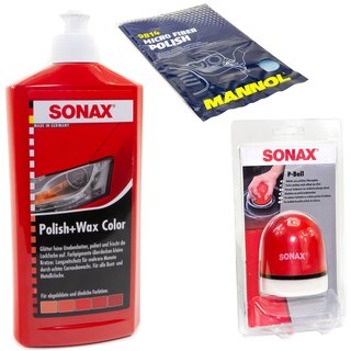 Politur Set Polish und Wax Wachs polieren Lack Color rot SONAX 500 ml + P-Ball Schwamm + Microfasertuch