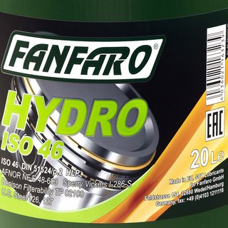 Hydraulic oil FANFARO Hydro ISO 46 20 liters incl. outlet tap
