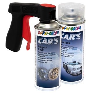 Felgenlack Lack Spray Cars Dupli Color 385902 Gold 400 ml + Klarlack 385858 400 ml mit Pistolengriff