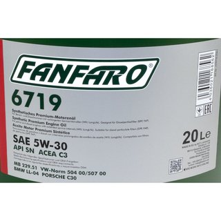 Motorl Motor l FANFARO 5W-30 API SN 20 Liter inkl. Auslasshahn