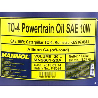 MANNOL TO-4 Powertrain Oil SAE 10W Caterpillar 20 Liter with spout