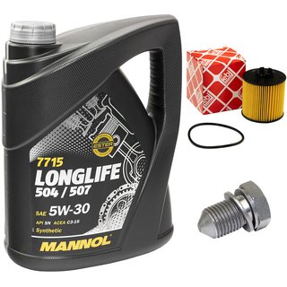 Engineoil set Longlife 5W30 API SN 5 liters + Oilfilter Febi 37441 + Oildrainplug 48871