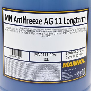 Radiatorantifreeze concentrate MANNOL AG11 Longterm -40C 10 liters blue with spout