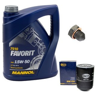 Engineoil set Favorit 15W50 API SL CF CF-4 5 liters + Oil Filter SM108 + Oildrainplug 12281