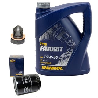 Engineoil set Favorit 15W50 API SL CF CF-4 5 liters + Oil Filter SM108 + Oildrainplug 12281