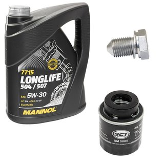Engineoil set Longlife 5W30 API SN 5 liters + Oil Filter SM5085 + Oildrainplug 15374