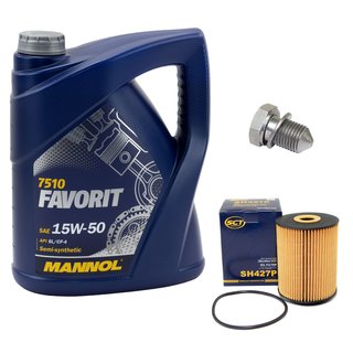 Engineoil set Favorit 15W50 API SL CF CF-4 5 liters + Oil Filter SH427P + Oildrainplug 48871
