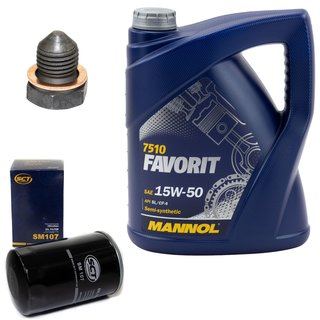 Engineoil set Favorit 15W50 API SL CF CF-4 5 liters + Oil Filter SM107 + Oildrainplug 12281