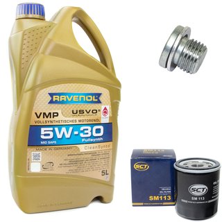 Engineoil set VMP SAE 5W-30 5 liters + Oil Filter SM113 + Oildrainplug 100497
