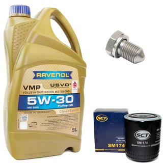Engineoil set VMP SAE 5W-30 5 liters + Oil Filter SM174 + Oildrainplug 15374