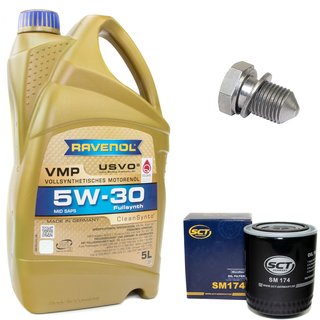 Engineoil set VMP SAE 5W-30 5 liters + Oil Filter SM174 + Oildrainplug 48871