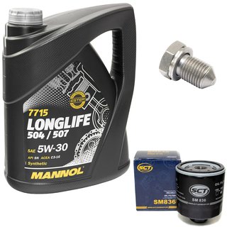 Engineoil set Longlife 5W30 API SN 5 liters + Oil Filter SM836 + Oildrainplug 15374