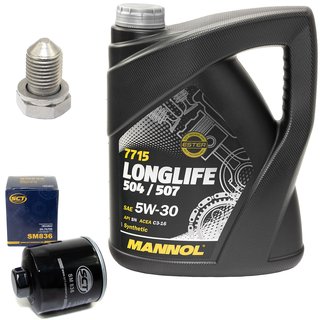Engineoil set Longlife 5W30 API SN 5 liters + Oil Filter SM836 + Oildrainplug 15374