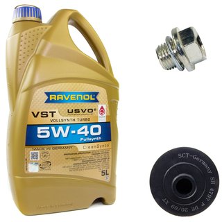 Motoröl Set VollSynth Turbo VST SAE 5W-40 5 Liter + Ölfilter SH4797P + Ölablassschraube 30269