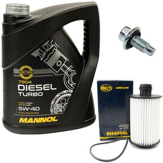 Motoröl Set 5W40 Diesel Turbo 5 Liter + Ölfilter SH4096L + Ölablassschraube 48881