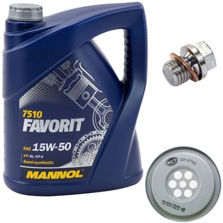 Engineoil set Favorit 15W50 API SL CF CF-4 5 liters + Oil Filter SH4765 + Oildrainplug 12341