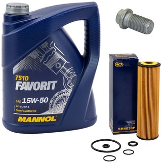 Motorl Set Favorit 15W-50 API SL CF CF-4 5 Liter + lfilter SH4030P + lablassschraube 08277