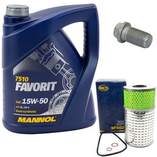 Motorl Set Favorit 15W-50 API SL CF CF-4 5 Liter + lfilter SF502 + lablassschraube 08277