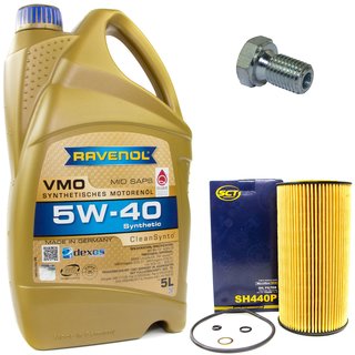 Engineoil set VMO SAE 5W-40 5 liters + Oil Filter SH440P + Oildrainplug 48893