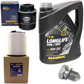 Motorl Set Longlife 5W-30 API SN 5 Liter + lfilter SM5085 + lablassschraube 48871 + Luftfilter SB2309