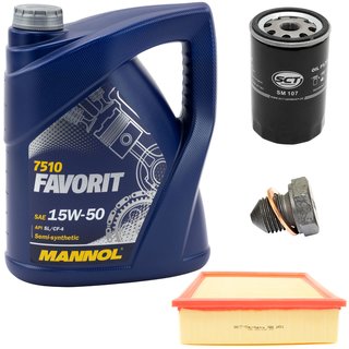 Engineoil set Favorit 15W50 API SL CF CF-4 5 liters + Oil Filter SM107 + Oildrainplug 12281 + Airfilter SB201