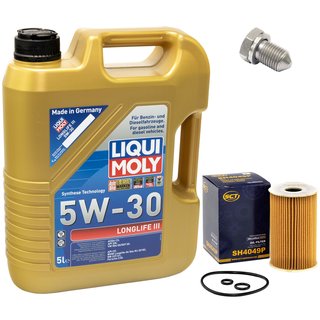 Engineoil set Longlife III 5W-30 Liqui Moly 5 liters + oilfilter SH4049P + Oildrainplug 15374