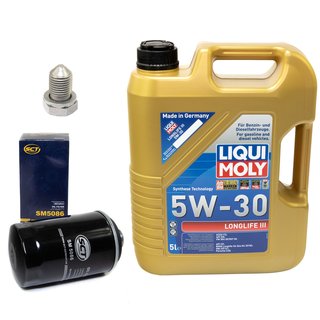 Engineoil set Longlife III 5W-30 Liqui Moly 5 liters + oilfilter SM5086 + Oildrainplug 15374