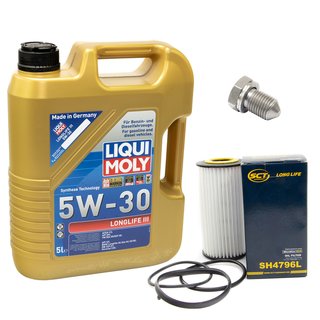 Engineoil set Longlife III 5W-30 Liqui Moly 5 liters + oilfilter SH4796L + Oildrainplug 15374